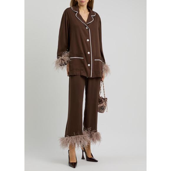 Sleeper Party Feather Trimmed Pajama Set Small Chocolate Brown - Picture 1 of 7